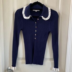 Navy Blue Ribbed Polo Sweater with White Ruffle Collar and Sleeves
